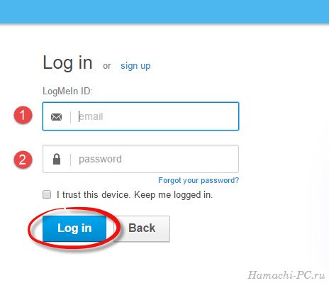 Авторизация на сайте Logmein
